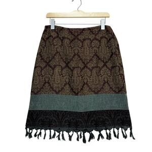 J. Jill Tapestry Fringe Straight Skirt Bohemian Academia Paisley Mix Print Brown